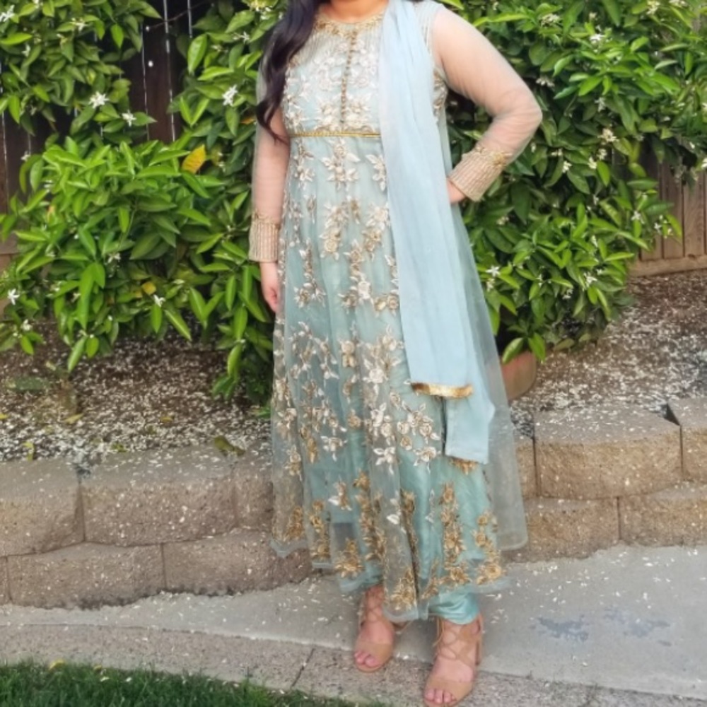 3 piece sea green net anarkali Indian dress formal